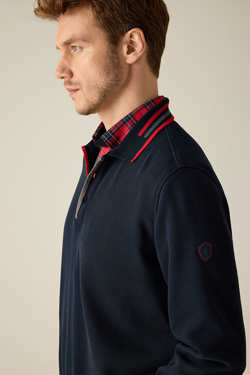 Interlock-Selanik-Sweatshirt mit Strick-Polokragen, Kontraststreifen & Piping-Knopfleiste