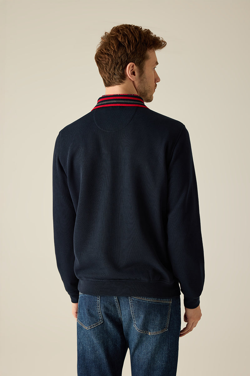 Interlock-Selanik-Sweatshirt mit Strick-Polokragen, Kontraststreifen & Piping-Knopfleiste