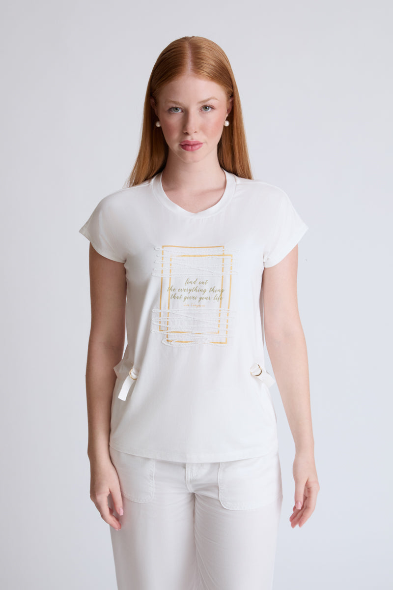 Modal-elastane T-shirt with front print and gathers (1/2 sleeve)