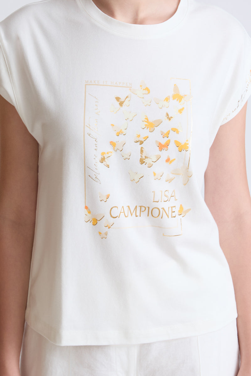 T-Shirt aus Baumwolle-Modal-Elasthan mit Schmetterlings-Frontprint