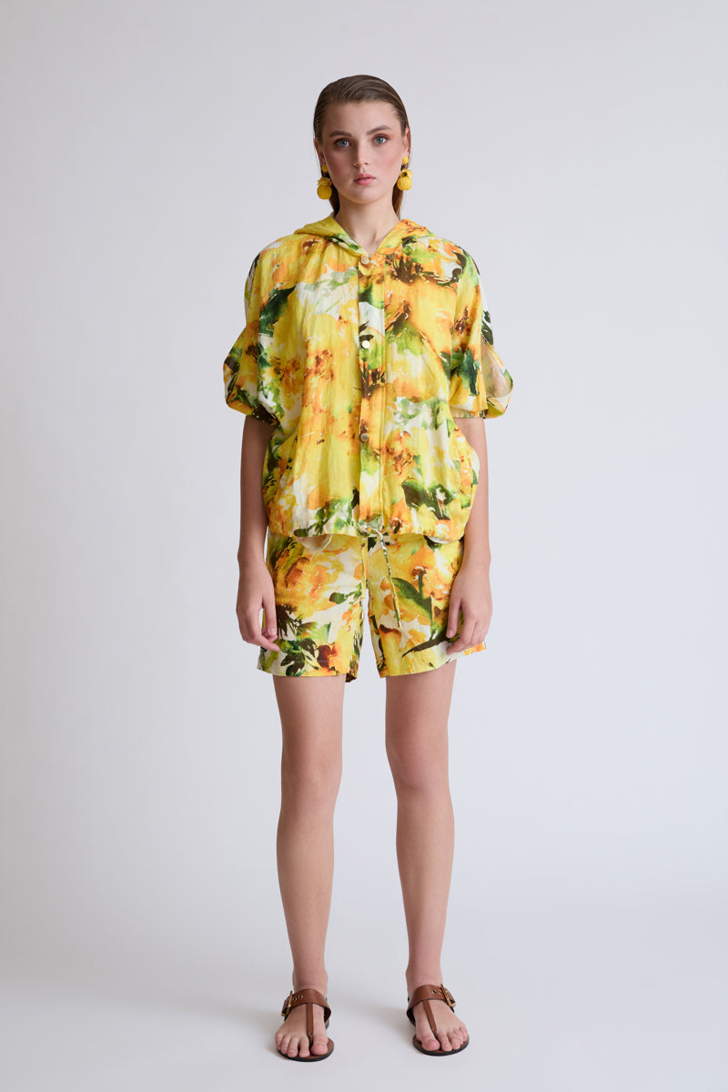 Jacke mit Kapuze und Floralprint aus Lycra