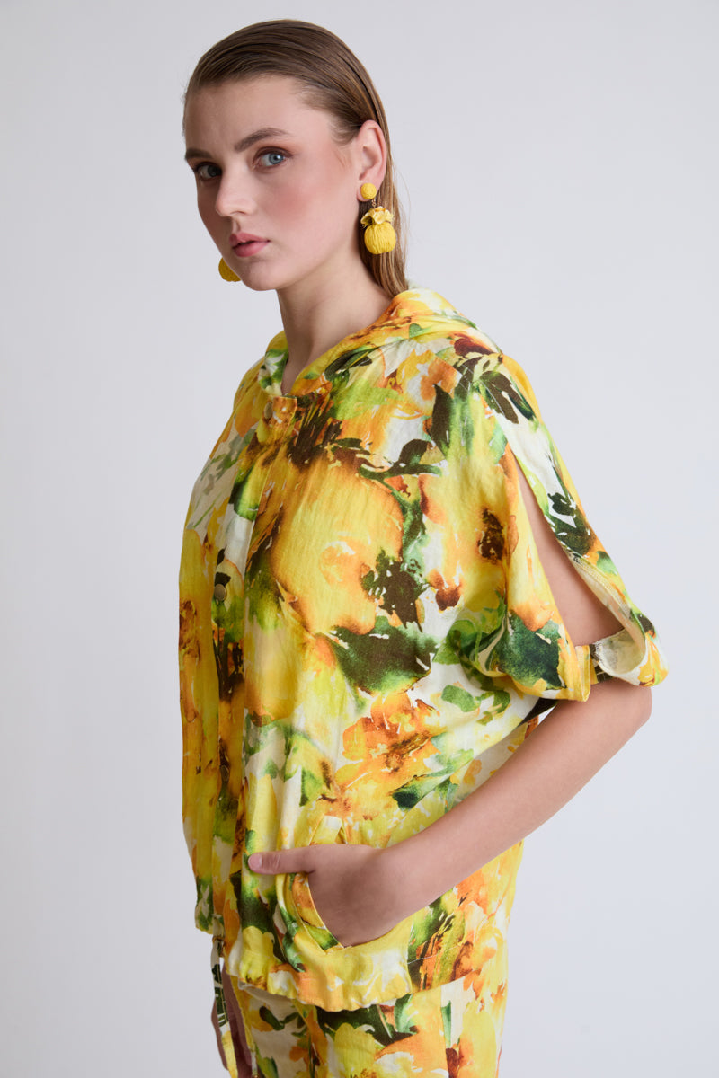 Hooded Lycra Jacket with Floral Print (3/4 Sleeve)