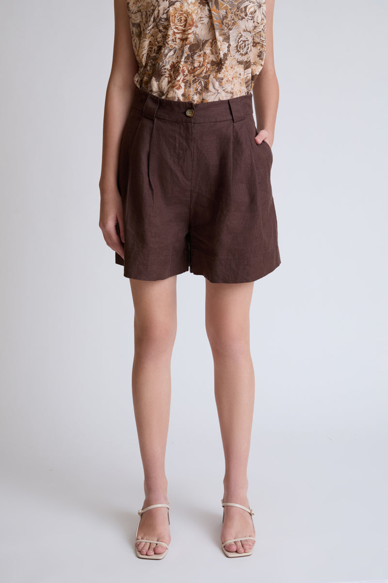 Pure linen pleated shorts (Women's Shorts)