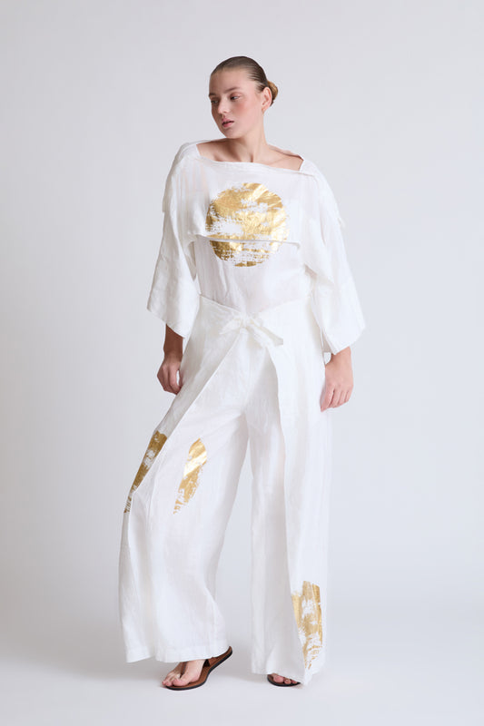 Hose aus Lycra mit weitem Bein und Goldprint