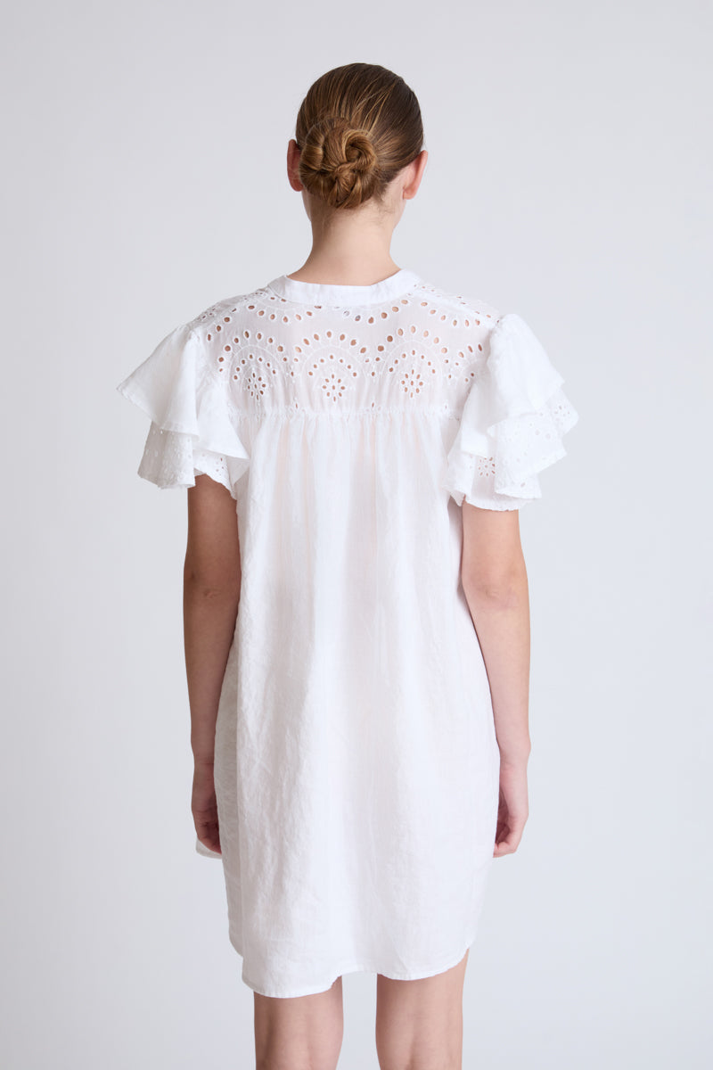Lycra dress with broderie anglaise and flounce sleeves