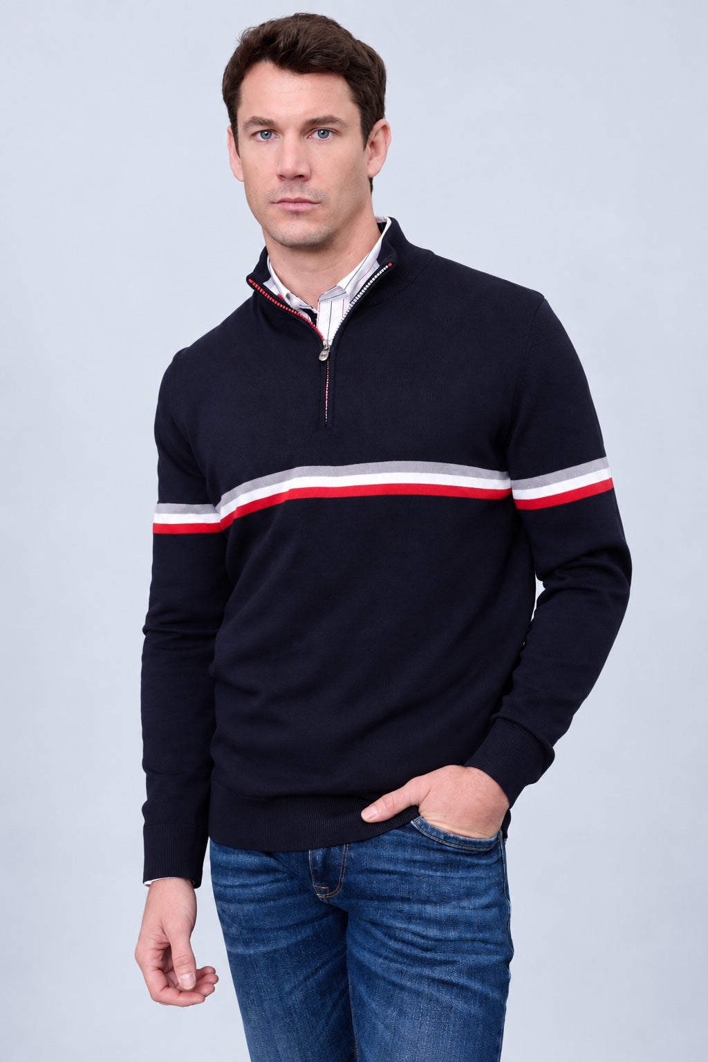 Troyer aus Viskose-Polyester-Mix mit maritimen Brustreifen in navy combi 1, Ansicht 4