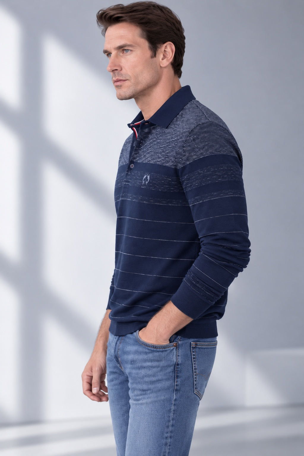 Rugby-Polo aus Baumwolle mit Strukturstreifen und Langarm in navy combi 1, Ansicht 4