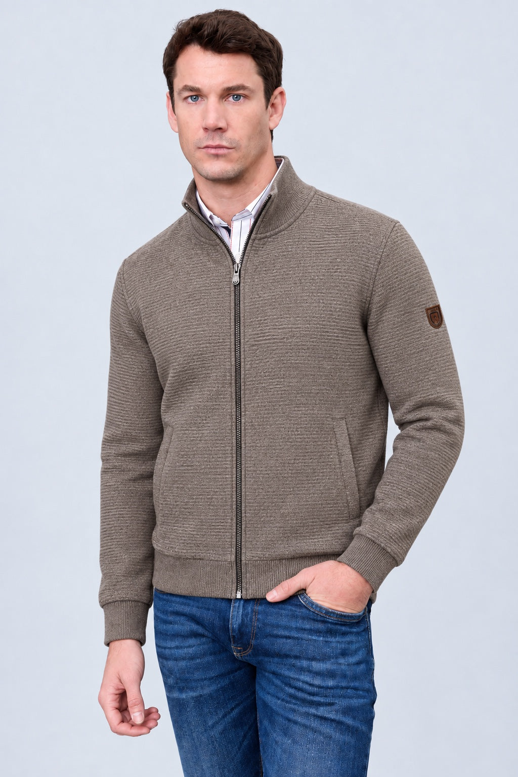Sweat‑Jacke mit Stehkragen und Strukturdesign in cappuccino mel, Ansicht 3