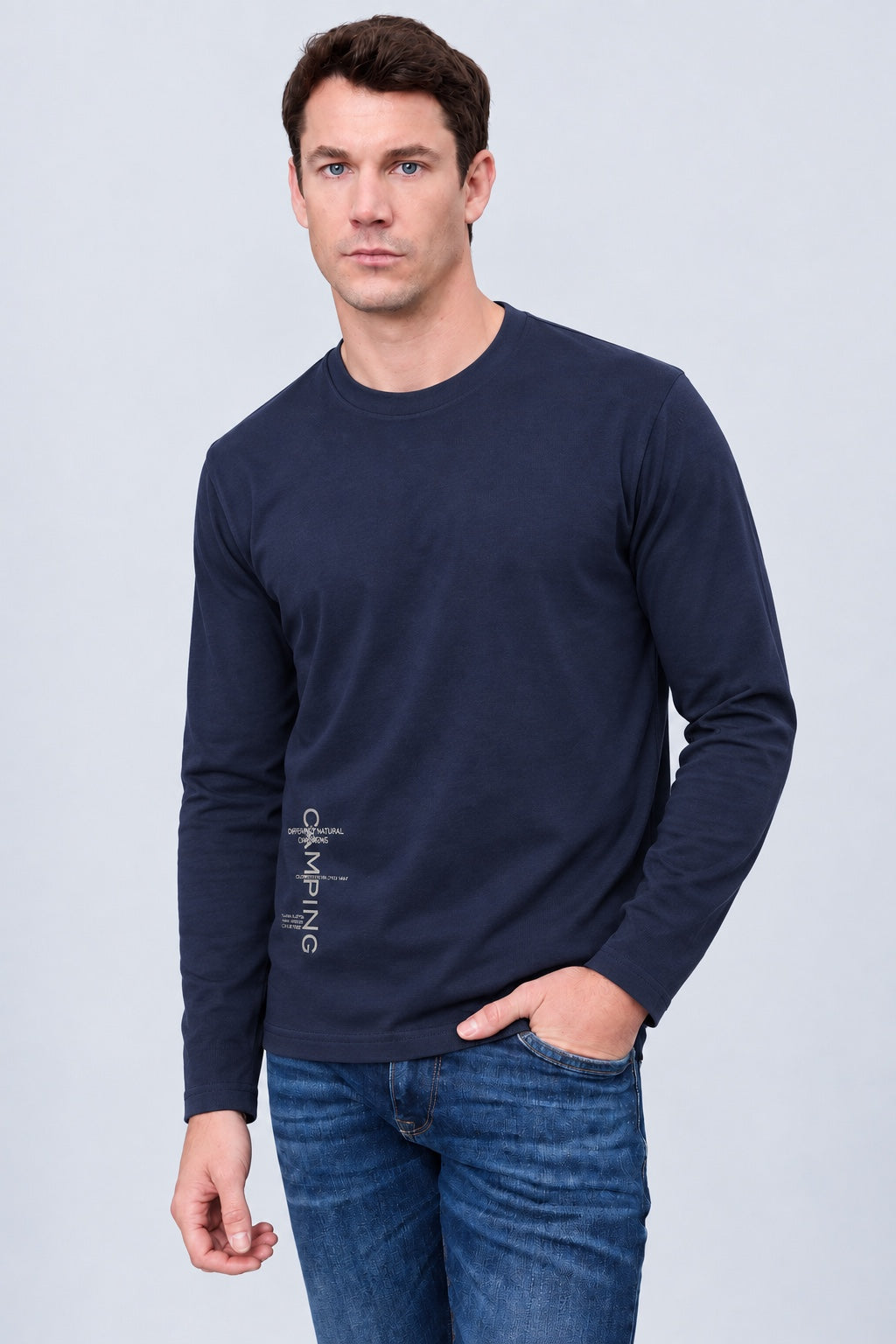 Langarm‑T‑Shirt aus Modal‑Baumwoll‑Mix mit Statement‑Print in navy, Ansicht 3