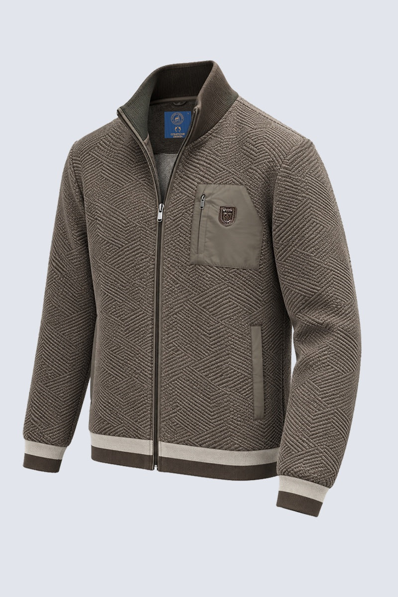 Sweat‑Jacke mit Strukturmuster und Stehkragen in cappuccino mel