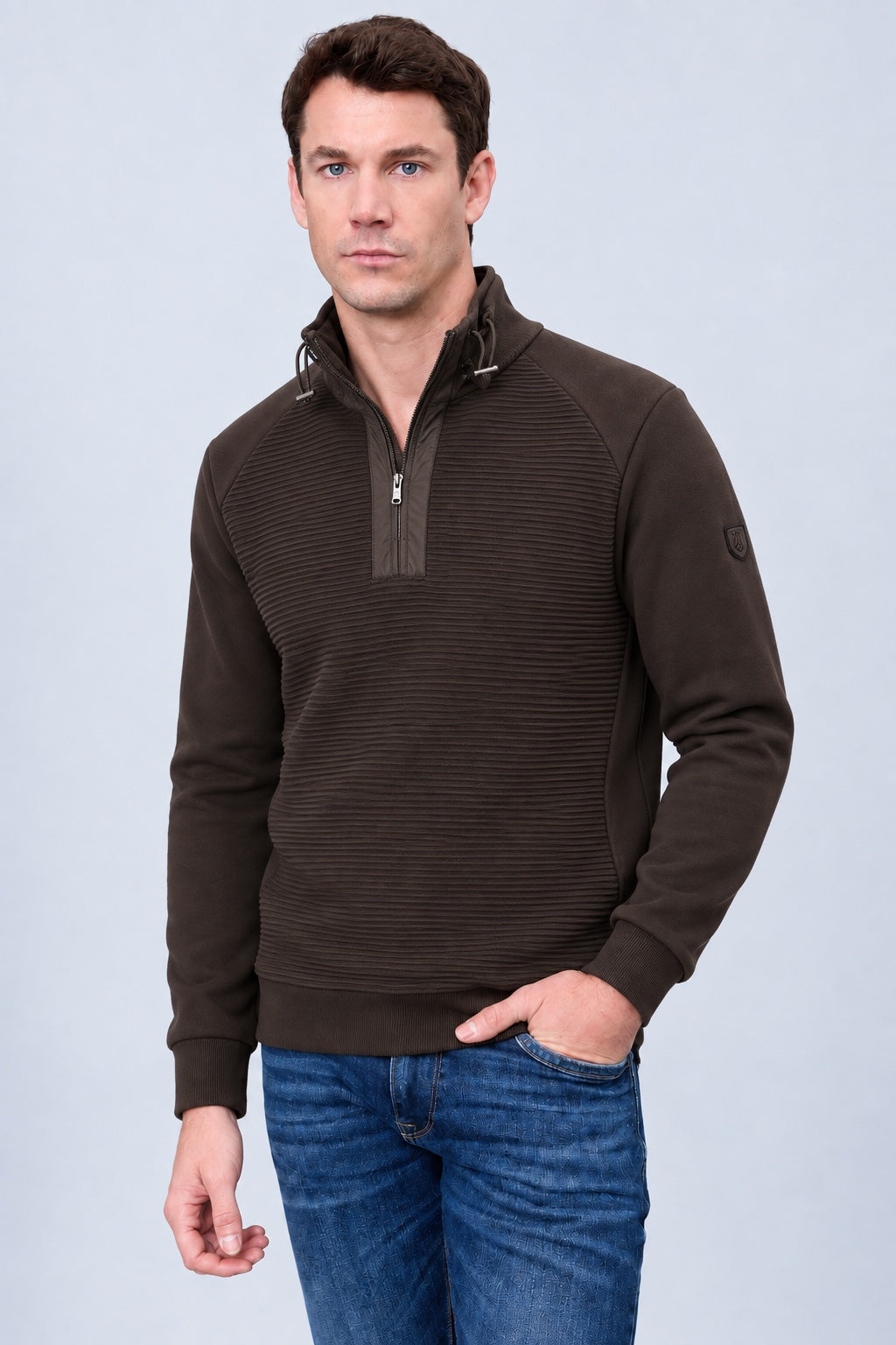 Sweatshirt mit Stehkragen und Strukturmuster in chocolate, Ansicht 3