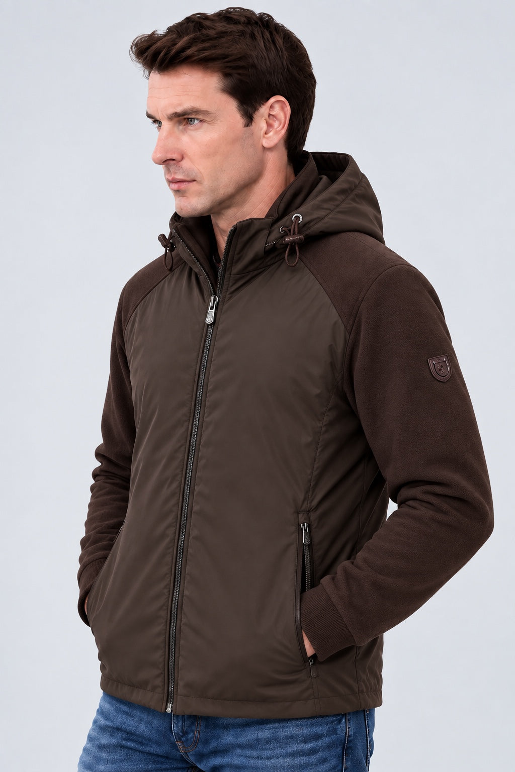 Sweat‑Jacke mit Kapuze in Materialmix‑Optik in chocolate, Ansicht 2