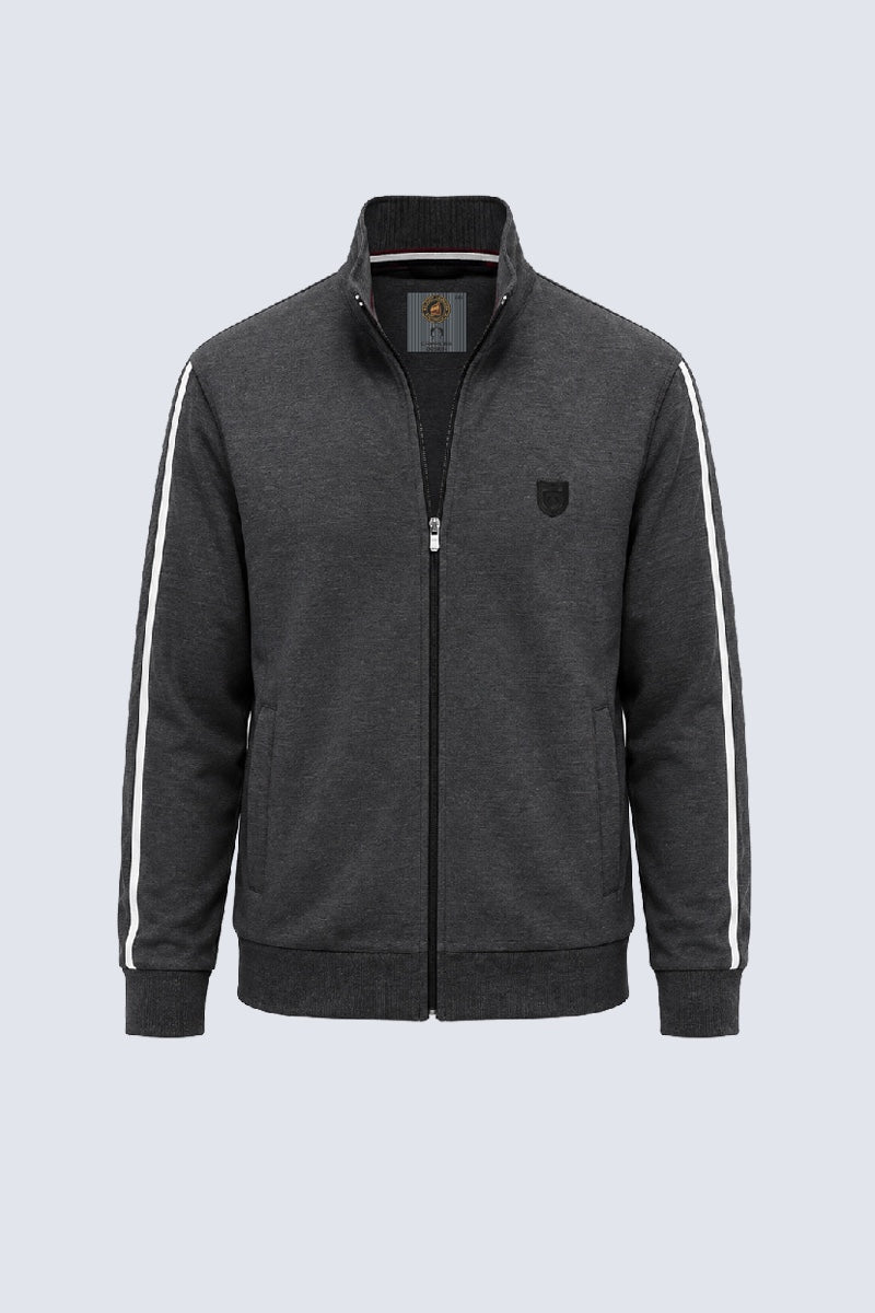 Sweat‑Jacke mit Stehkragen und Kontraststreifen in anthra mel.