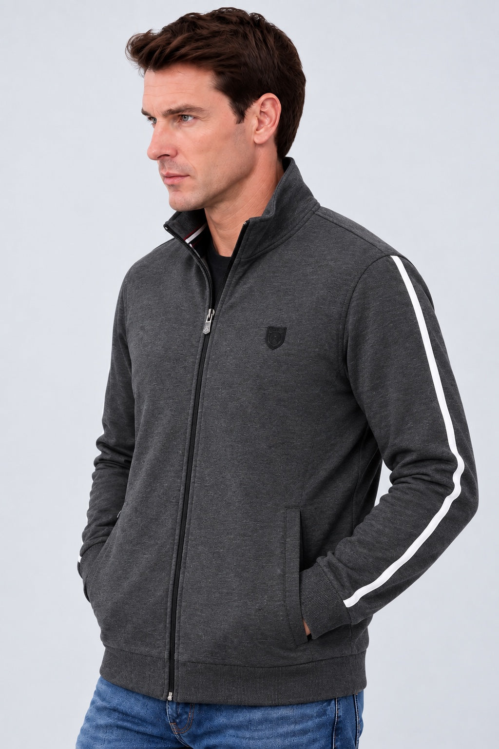 Sweat‑Jacke mit Stehkragen und Kontraststreifen in anthra mel., Ansicht 2