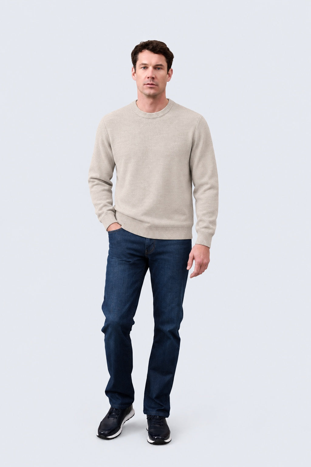 Pullover aus Baumwoll-Acryl-Mix mit Rundhalsausschnitt in sand mel