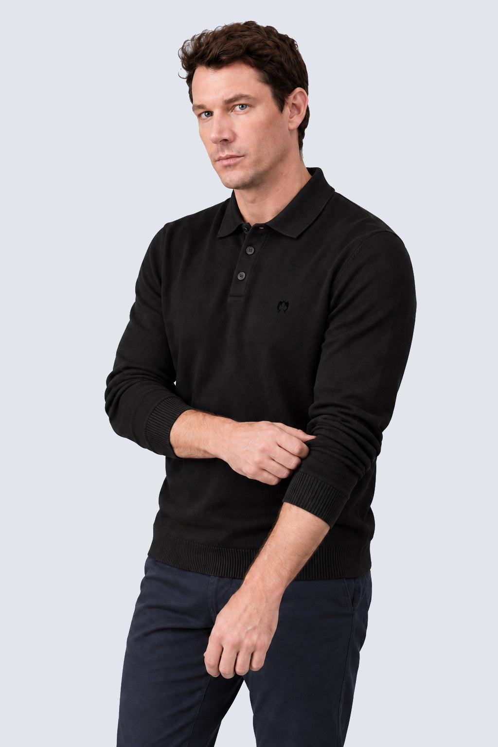 Strick‑Polo aus Baumwoll‑Acryl‑Mix mit Langarm in black, Ansicht 2