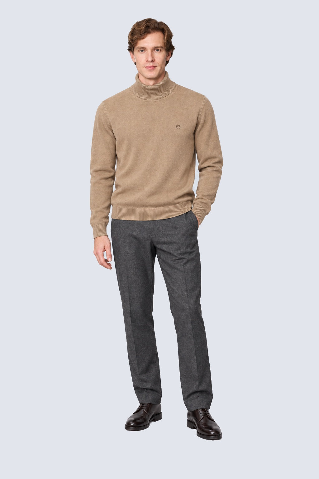 Feinstrick‑Pullover mit Rollkragen aus Baumwoll‑Acryl‑Mix in sand mel