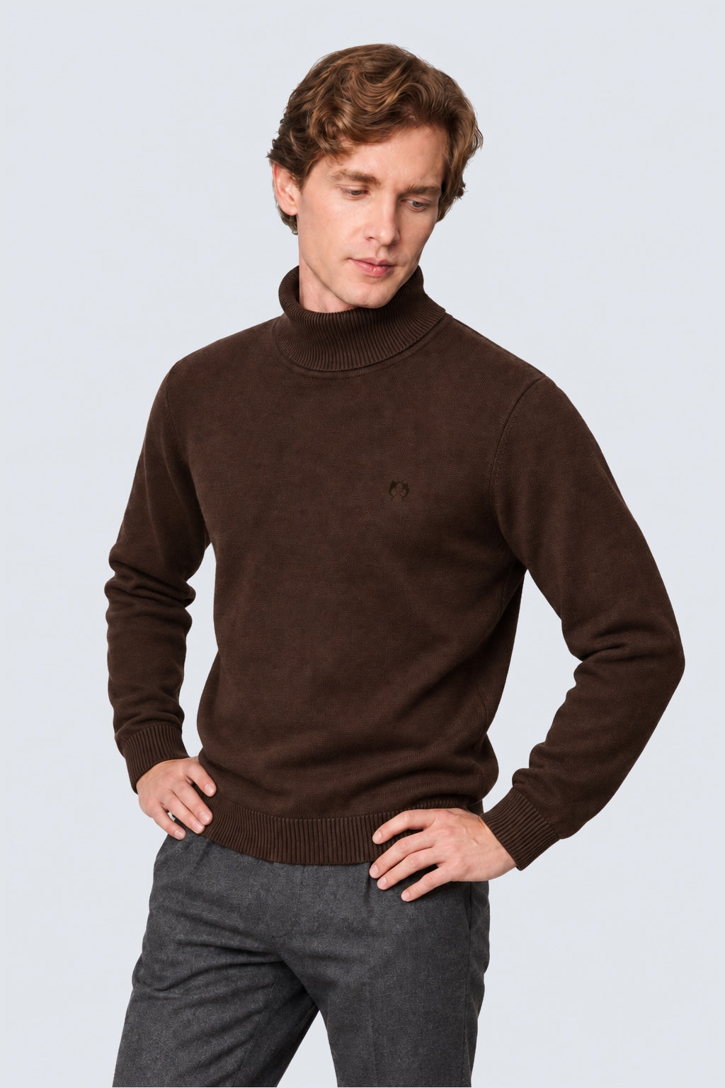 Feinstrick‑Pullover mit Rollkragen aus Baumwoll‑Acryl‑Mix in brown mel, Ansicht 2