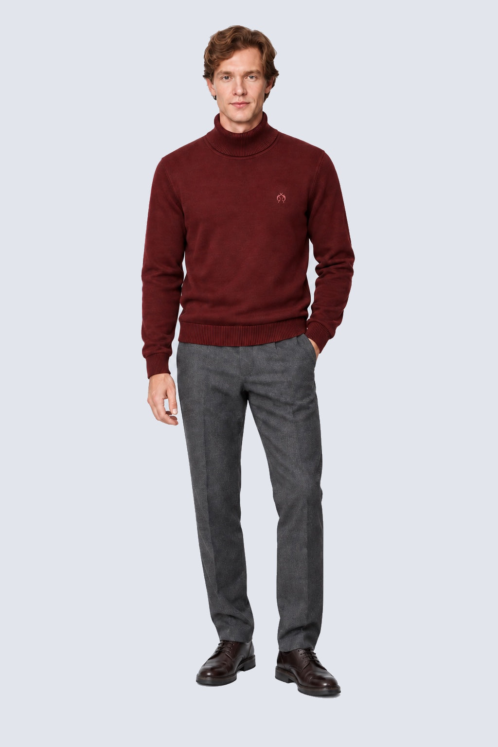 Feinstrick‑Pullover mit Rollkragen aus Baumwoll‑Acryl‑Mix in bordeaux mel.