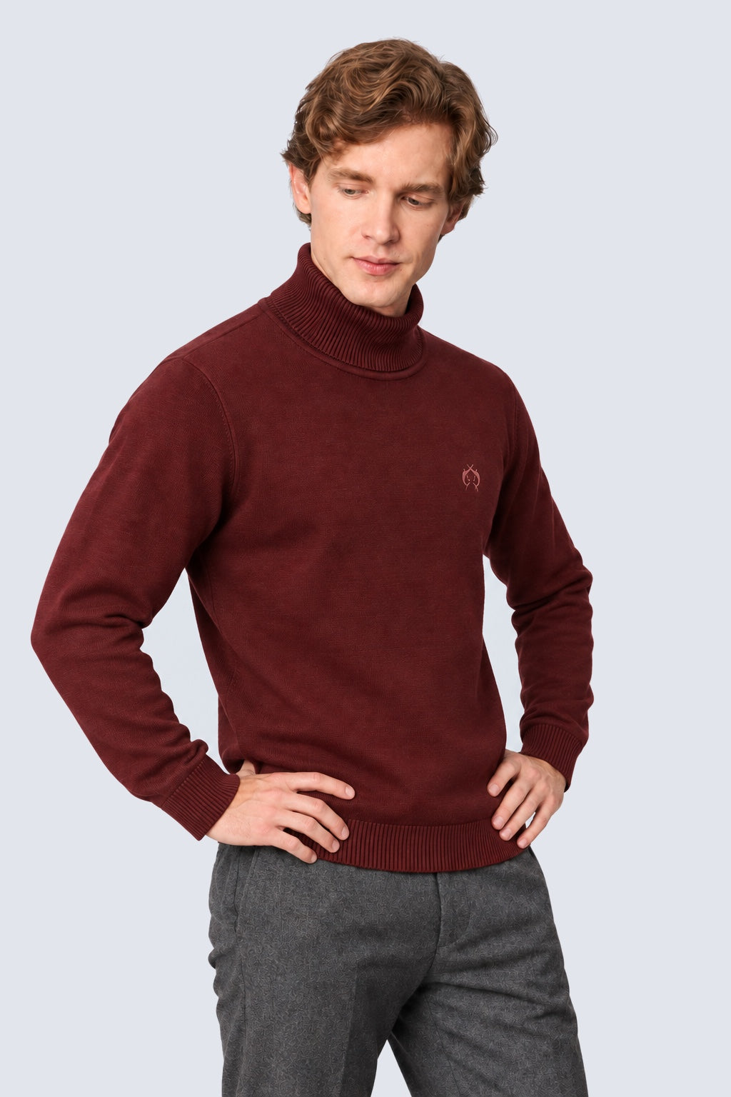 Feinstrick‑Pullover mit Rollkragen aus Baumwoll‑Acryl‑Mix in bordeaux mel., Ansicht 2