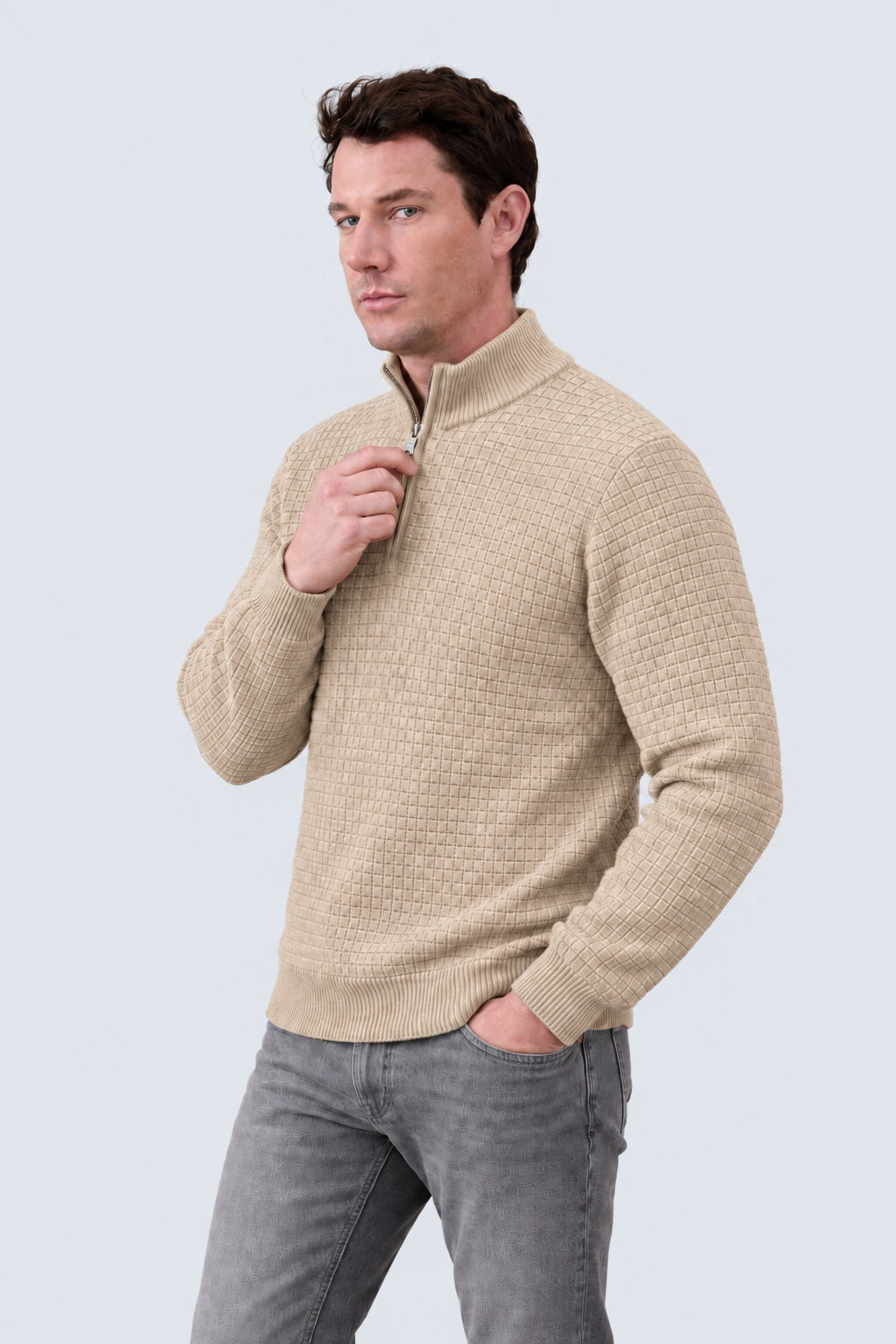 Troyer‑Pullover aus Baumwolle mit Strukturstrick und Stehkragen in sand mel, Ansicht 2