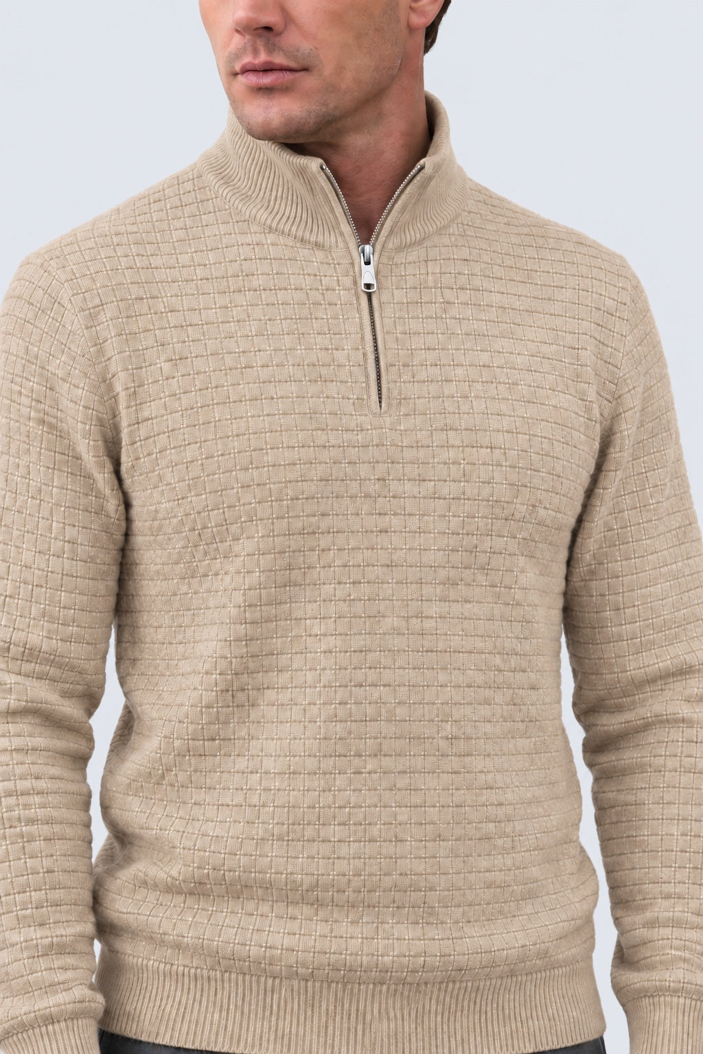 Troyer‑Pullover aus Baumwolle mit Strukturstrick und Stehkragen in sand mel, Ansicht 3