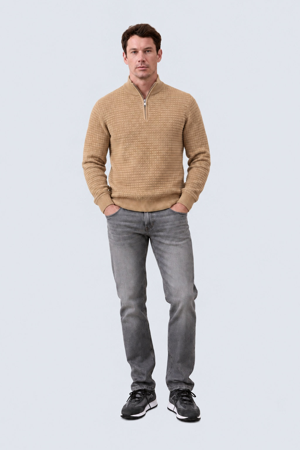 Troyer‑Pullover aus Baumwolle mit Strukturstrick und Stehkragen in brown mel