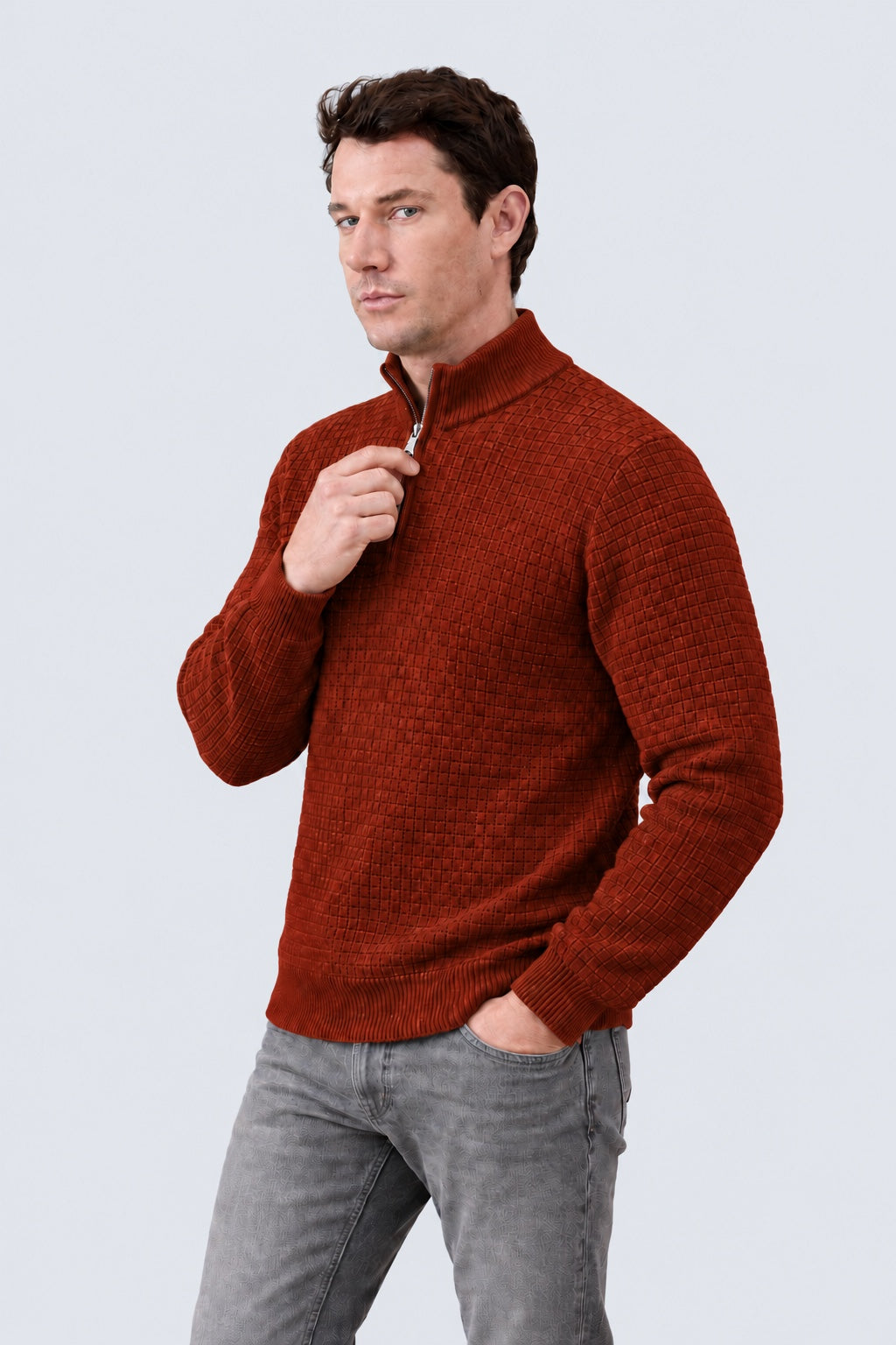 Troyer‑Pullover aus Baumwolle mit Strukturstrick und Stehkragen in bordeaux mel., Ansicht 2