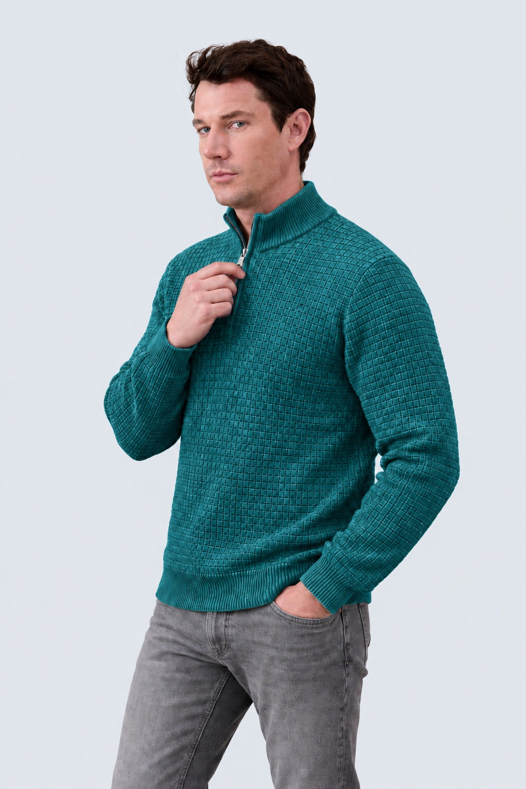 Troyer‑Pullover aus Baumwolle mit Strukturstrick und Stehkragen in retro blue, Ansicht 2