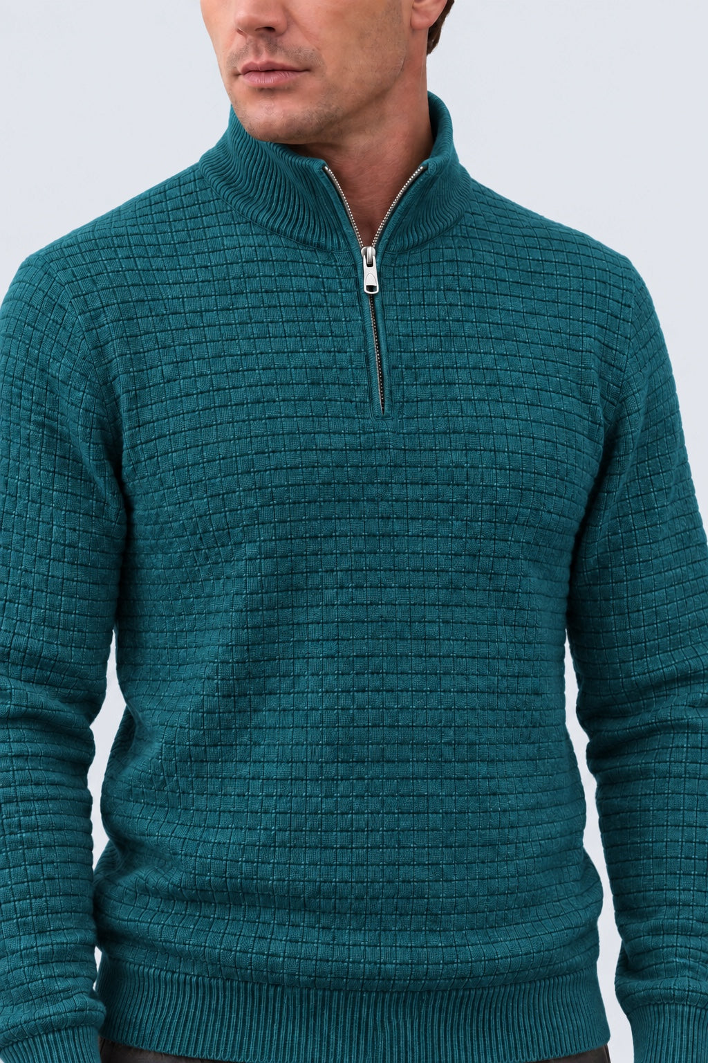 Troyer‑Pullover aus Baumwolle mit Strukturstrick und Stehkragen in retro blue, Ansicht 3