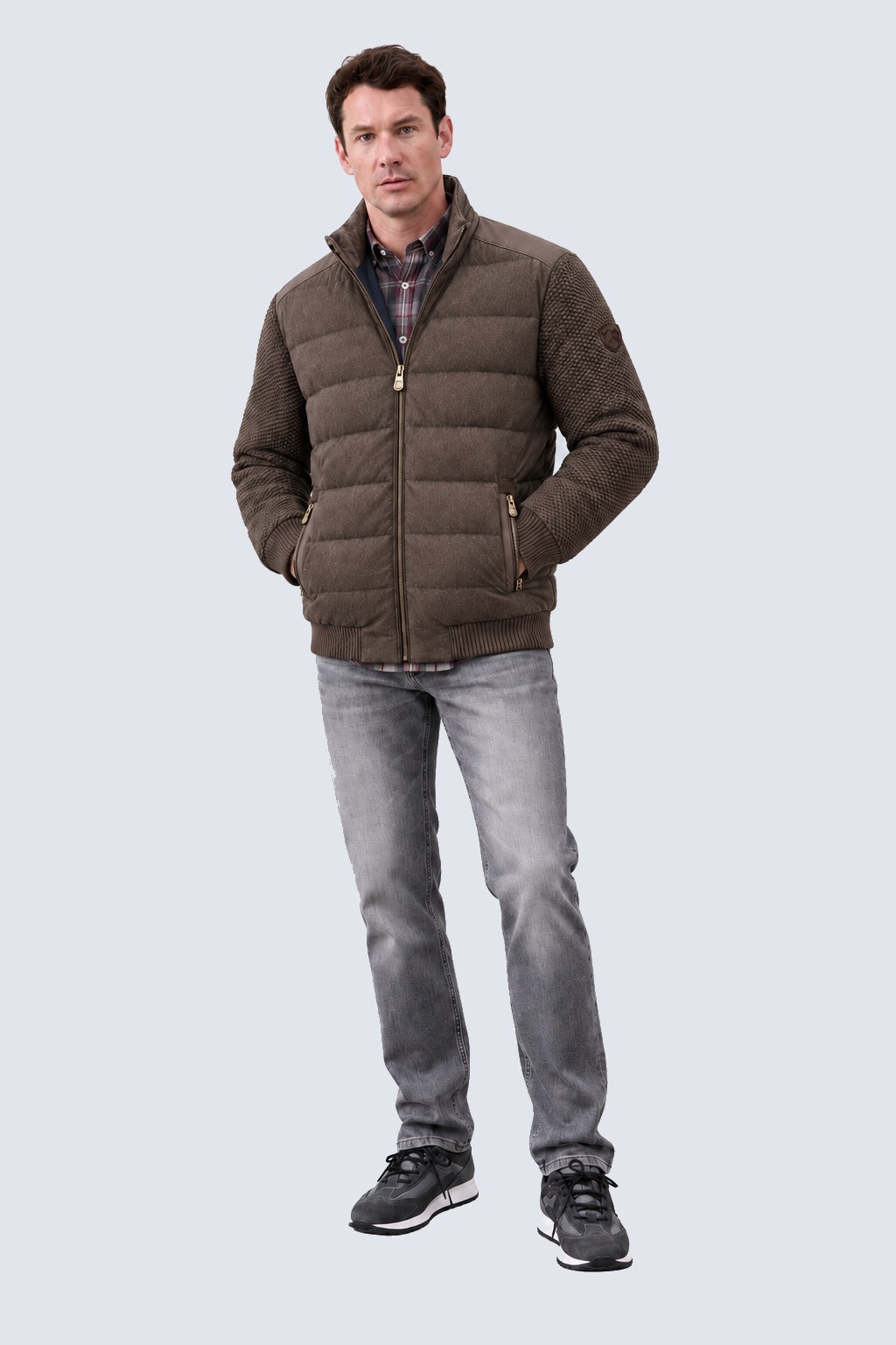 Jacke in Materialmix‑Optik mit Stehkragen in cappuccino mel