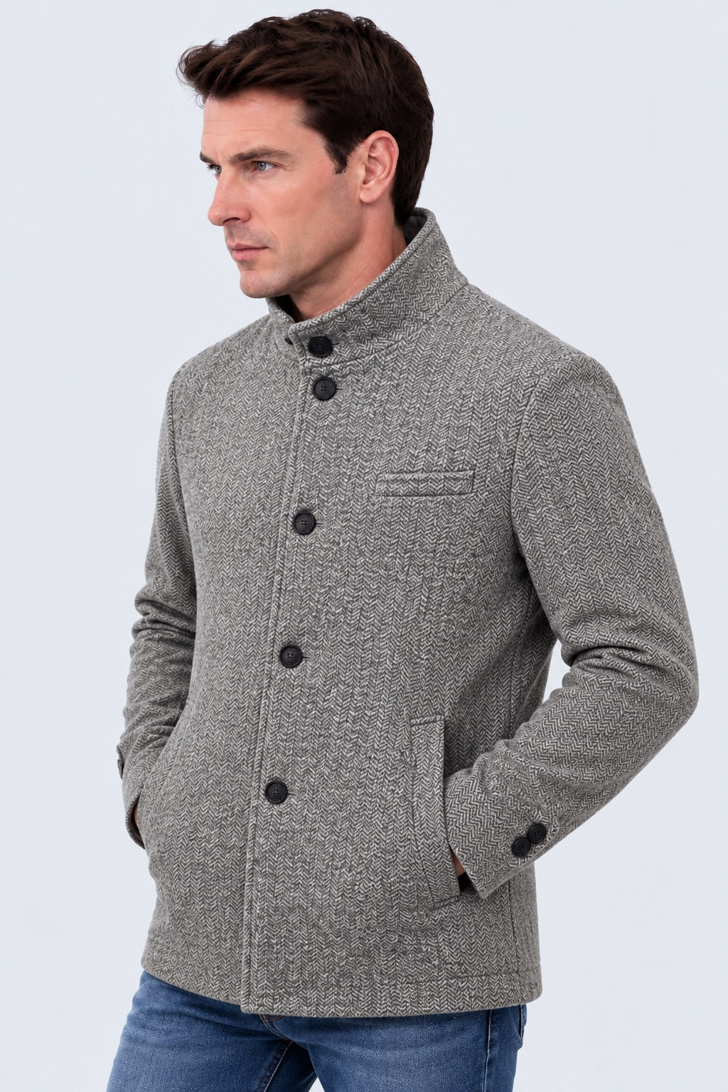 Mantel aus Woll‑Mix mit Stehkragen und Fischgratmuster in grey mel