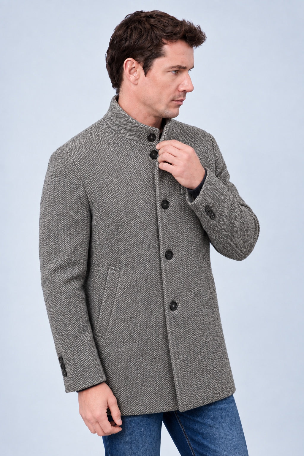 Mantel aus Woll‑Mix mit Stehkragen und Fischgratmuster in grey mel, Ansicht 2
