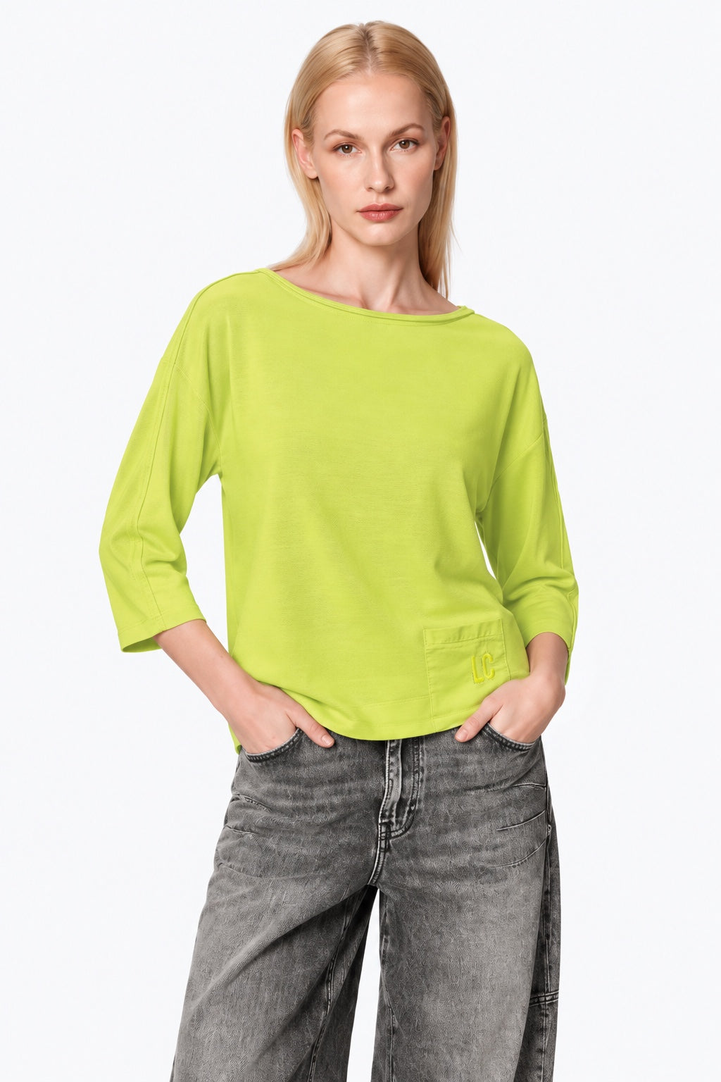 T‑Shirt aus Baumwoll‑Elasthan mit 3/4‑Arm und Logo‑Detail in green glow