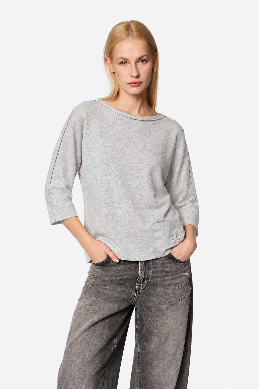 T‑Shirt aus Baumwoll‑Elasthan mit 3/4‑Arm und Logo‑Detail in grey mel