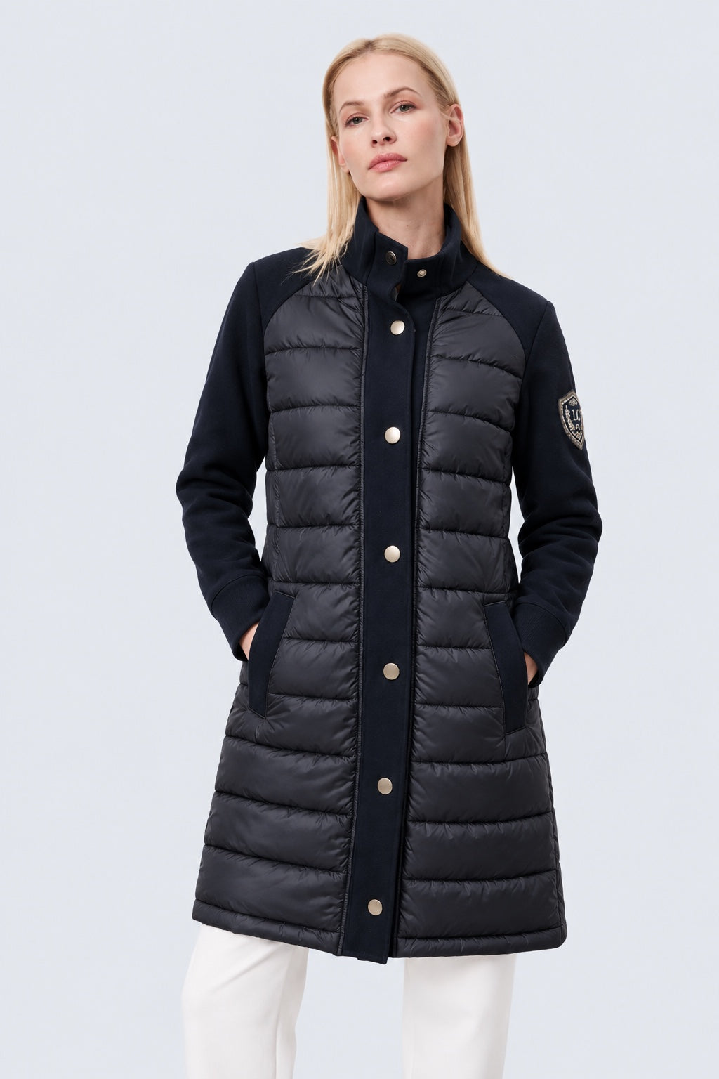 Sweat‑Jacke mit Stehkragen in Materialmix‑Optik in navy, Ansicht 3