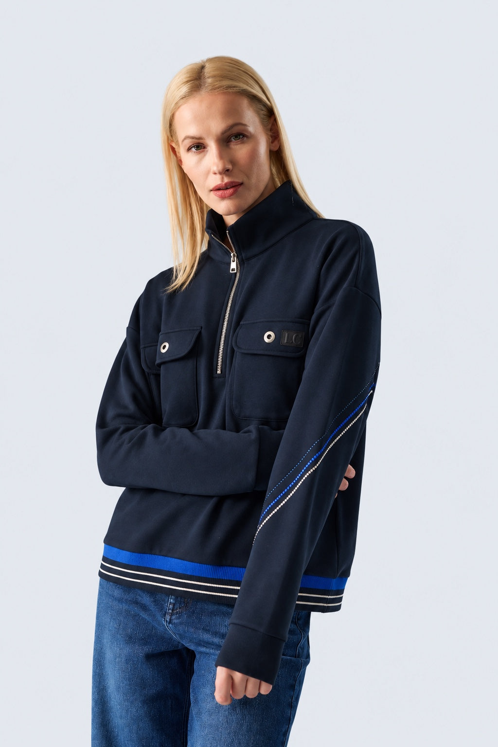 Sweatshirt mit Stehkragen und Reißverschluss aus Baumwolle‑Modal‑Mix in navy