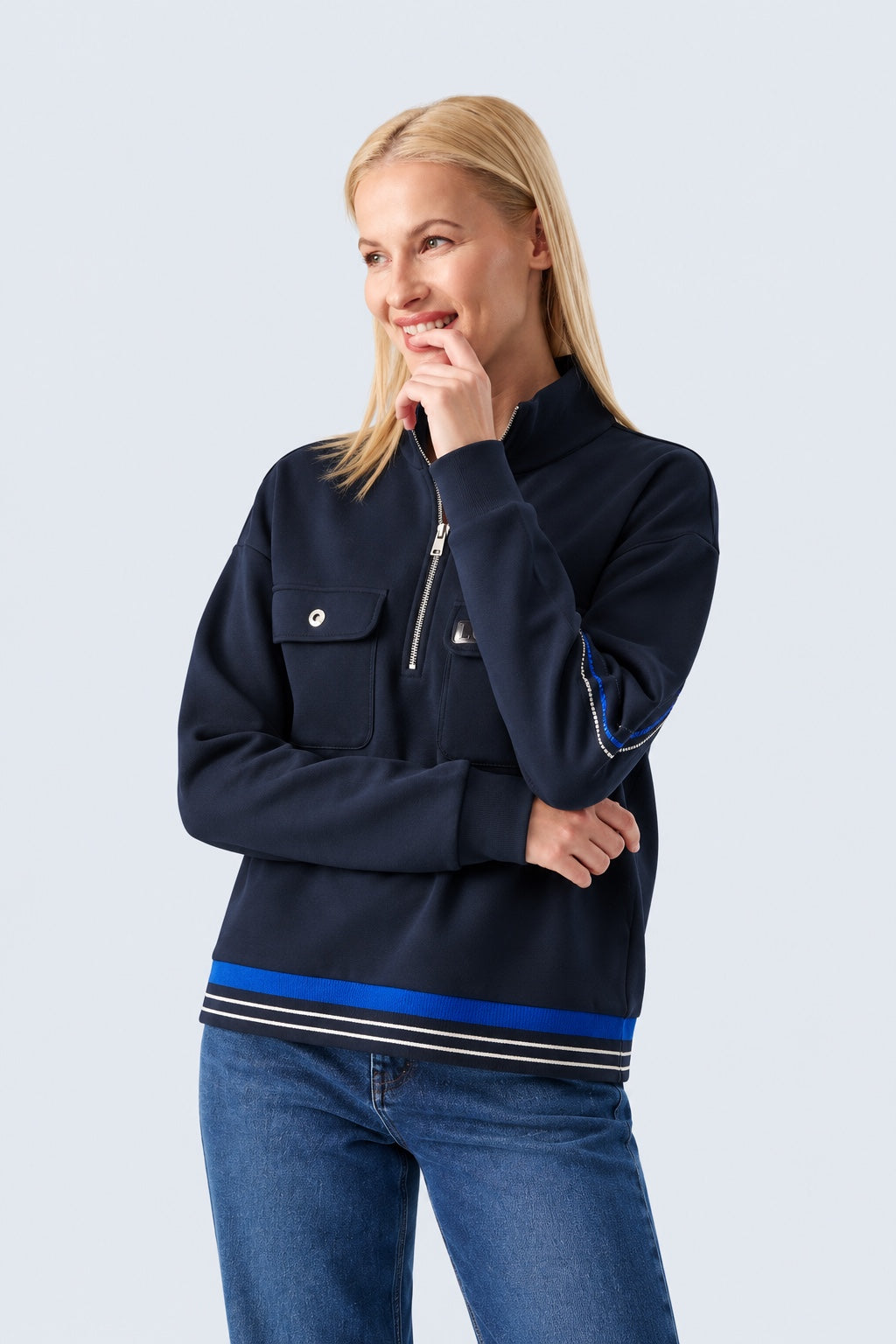 Sweatshirt mit Stehkragen und Reißverschluss aus Baumwolle‑Modal‑Mix in navy, Ansicht 3