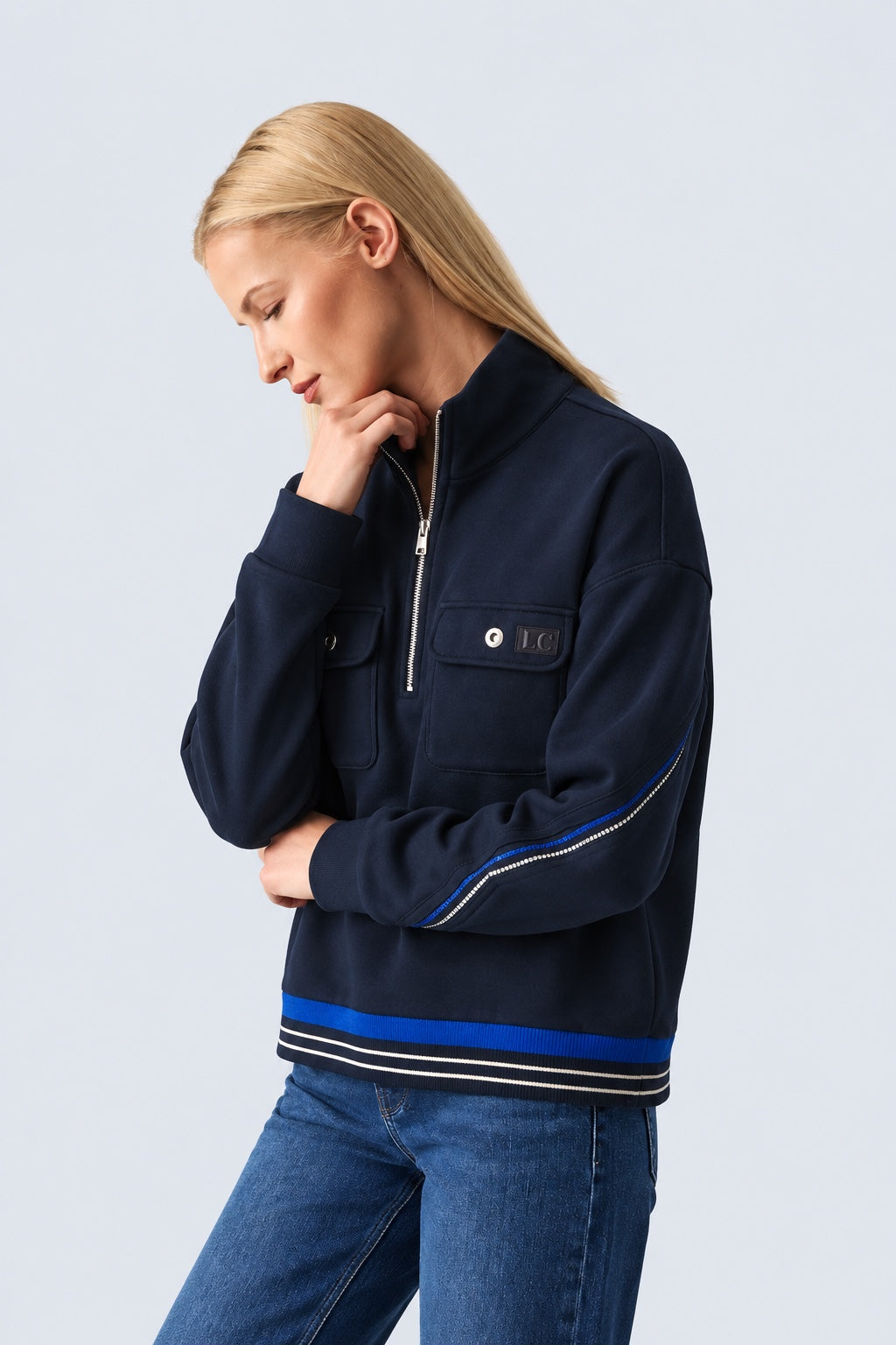 Sweatshirt mit Stehkragen und Reißverschluss aus Baumwolle‑Modal‑Mix in navy, Ansicht 4