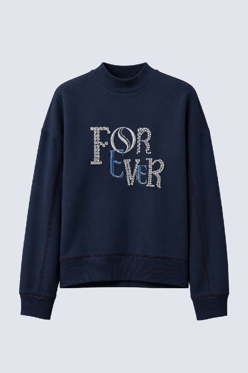Sweatshirt aus Baumwolle-Modal-Mix mit Strass-Schriftzug und Stehkragen in navy, Ansicht 2