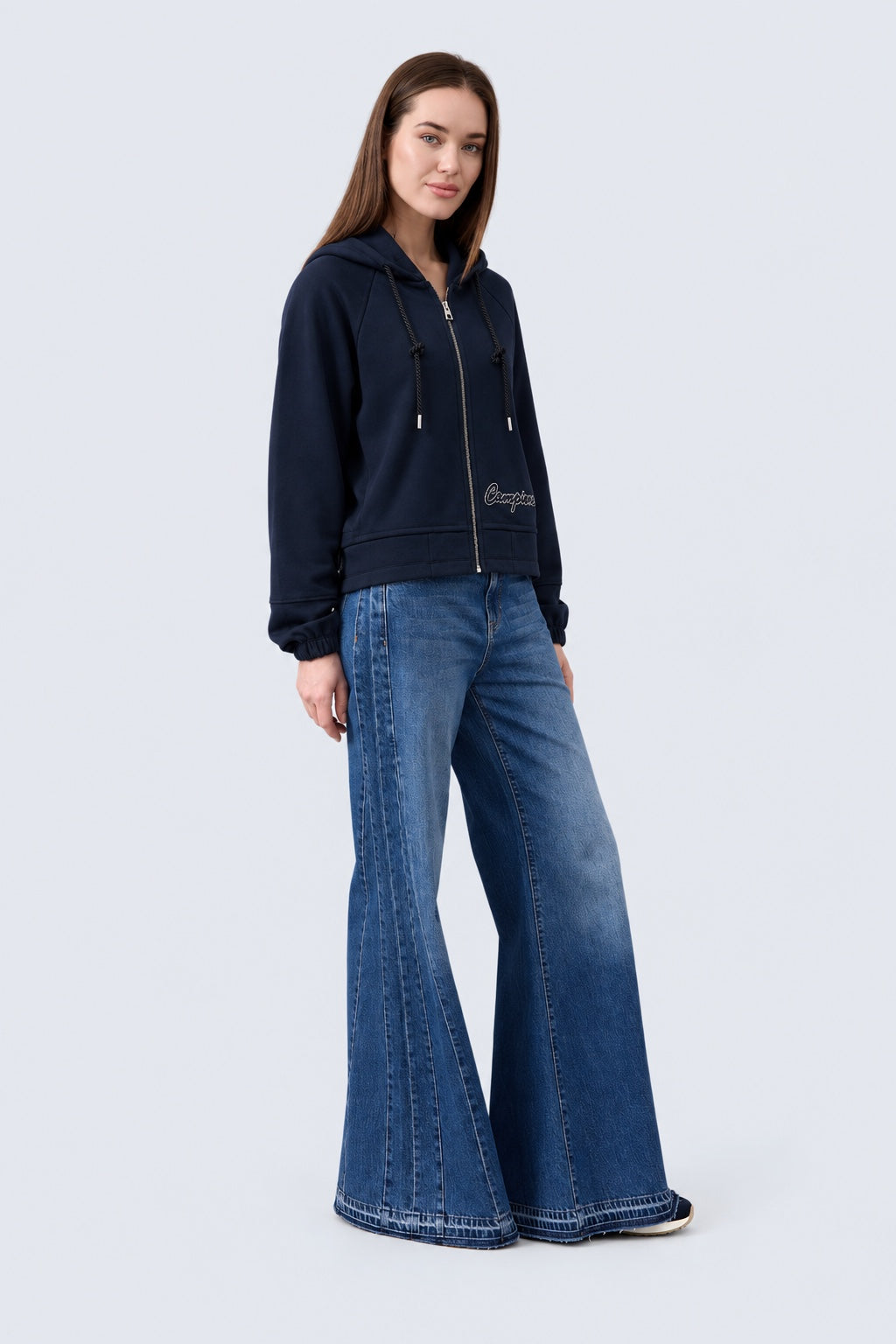 Sweat‑Jacke mit Kapuze und Stehkragen aus Baumwolle‑Modal‑Mix in navy, Ansicht 2