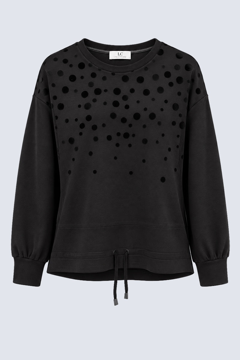 Sweatshirt aus Viskose-Mix mit Flock-Punkten und Tunnelzug am Saum in black combi 1