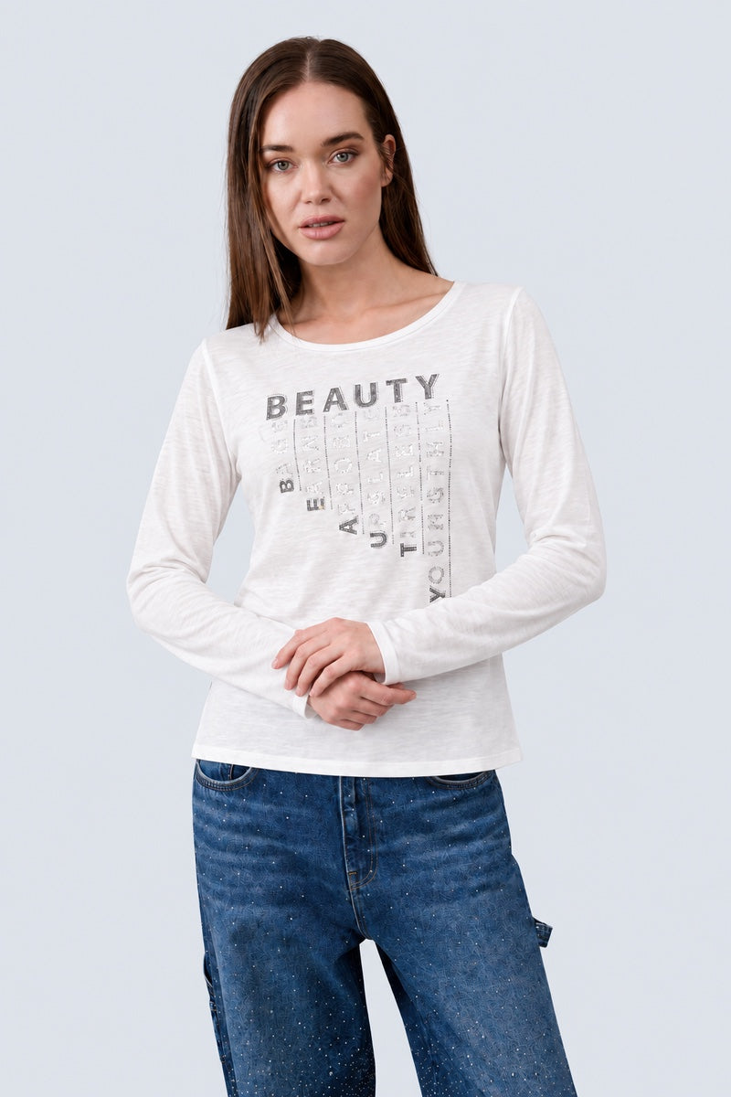 Langarm‑T‑Shirt aus Viskose‑Elasthan mit Statement‑Print in off white, Ansicht 3