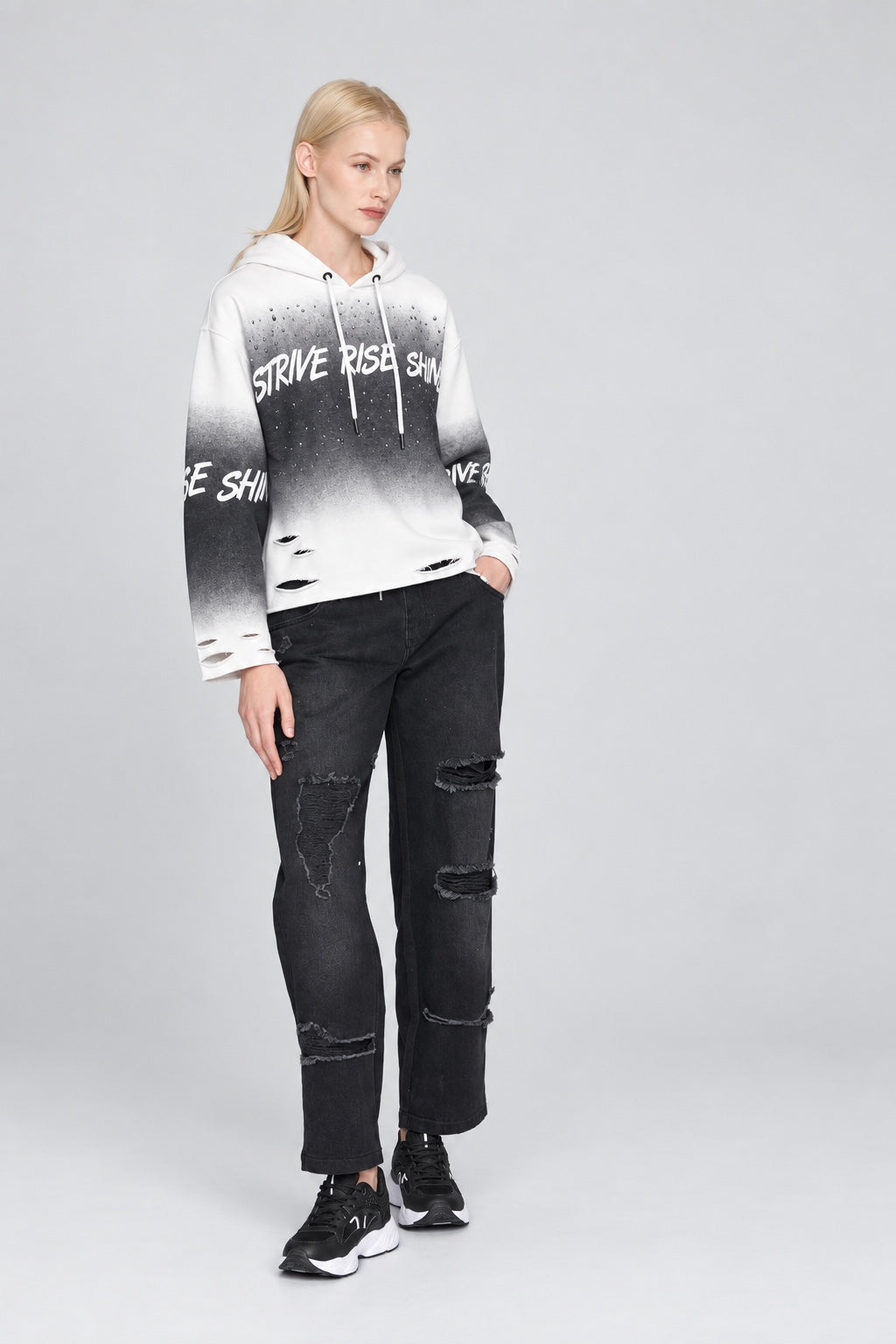 Denim‑Jacke mit Kapuze und Strassdetails in Blue‑Denim‑Optik in denim print 1