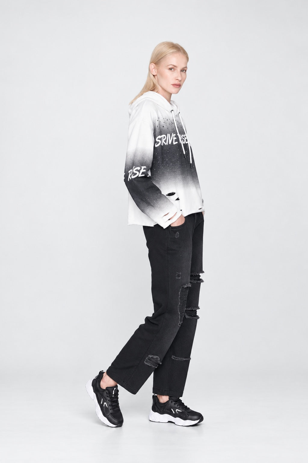 Denim‑Jacke mit Kapuze und Strassdetails in Blue‑Denim‑Optik in denim print 1, Ansicht 2