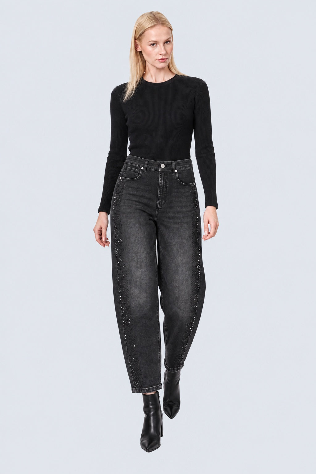 Maya Barrel Jeans aus Baumwoll-Mix mit Strass-Seitenstreifen in black