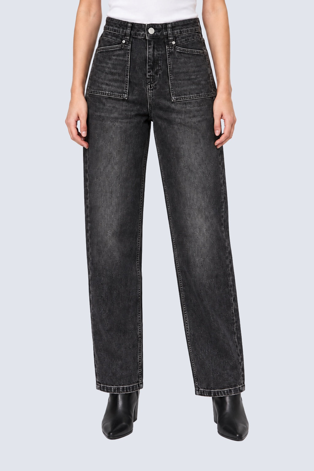 Mom‑Fit‑Jeans mit aufgesetzten Vordertaschen in Used‑Optik in black, Ansicht 2