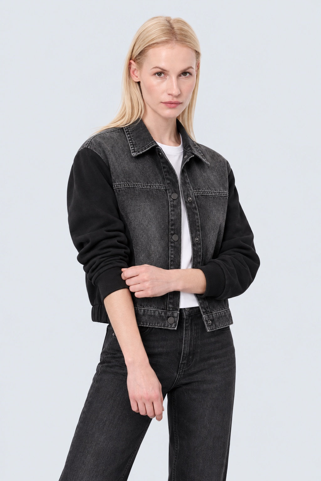 Jeansjacke im Materialmix mit Sweat‑Ärmeln in black, Ansicht 2