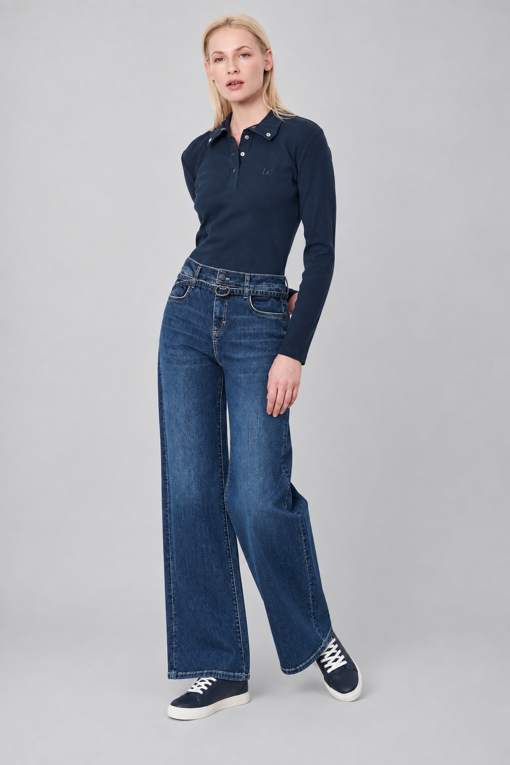 Wide‑Leg‑Jeans aus Baumwoll‑Stretch mit Doppelbund in royal, Ansicht 3