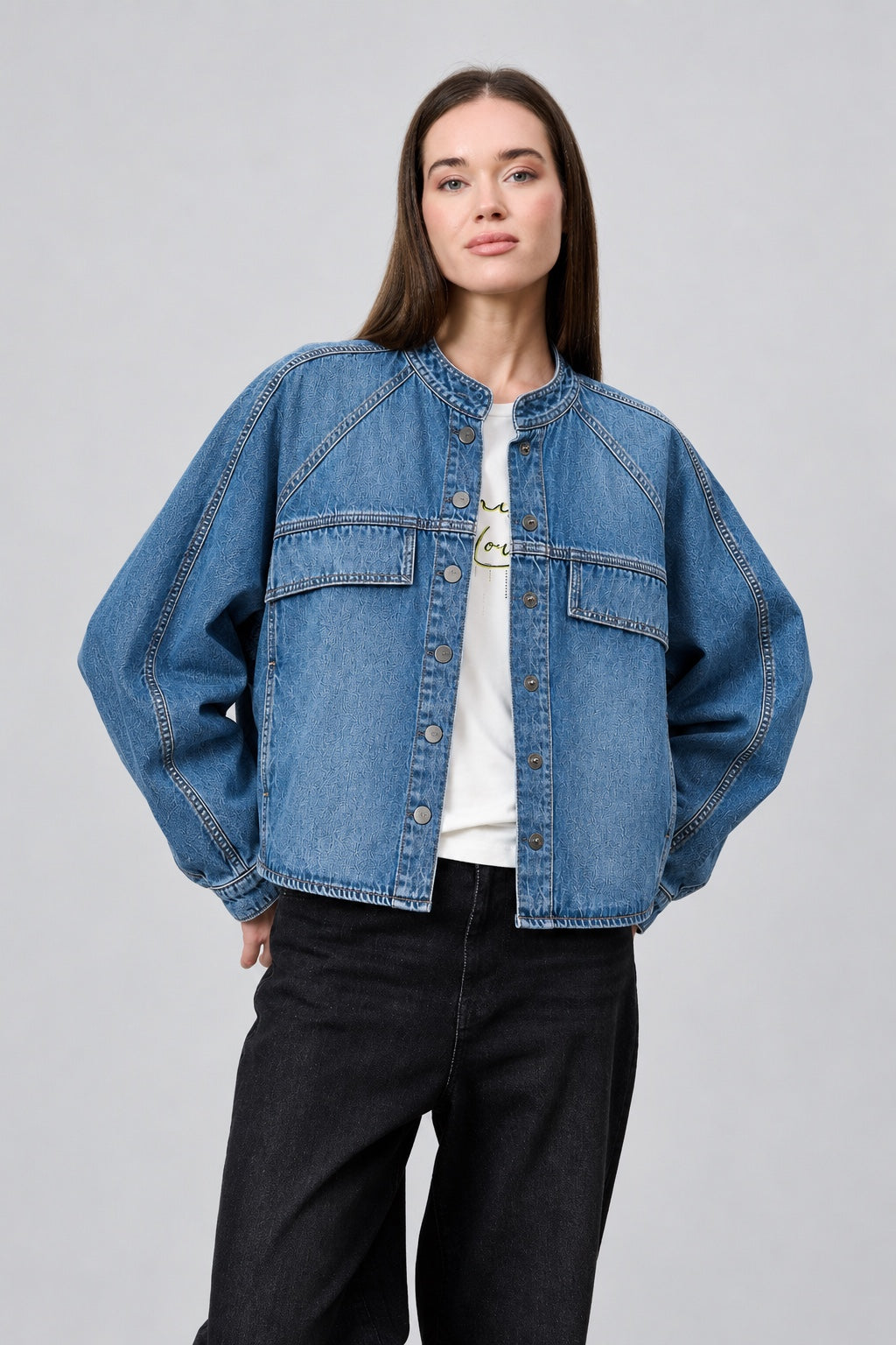 Alora Denim‑Jacke aus Baumwolle mit Stehkragen in denim